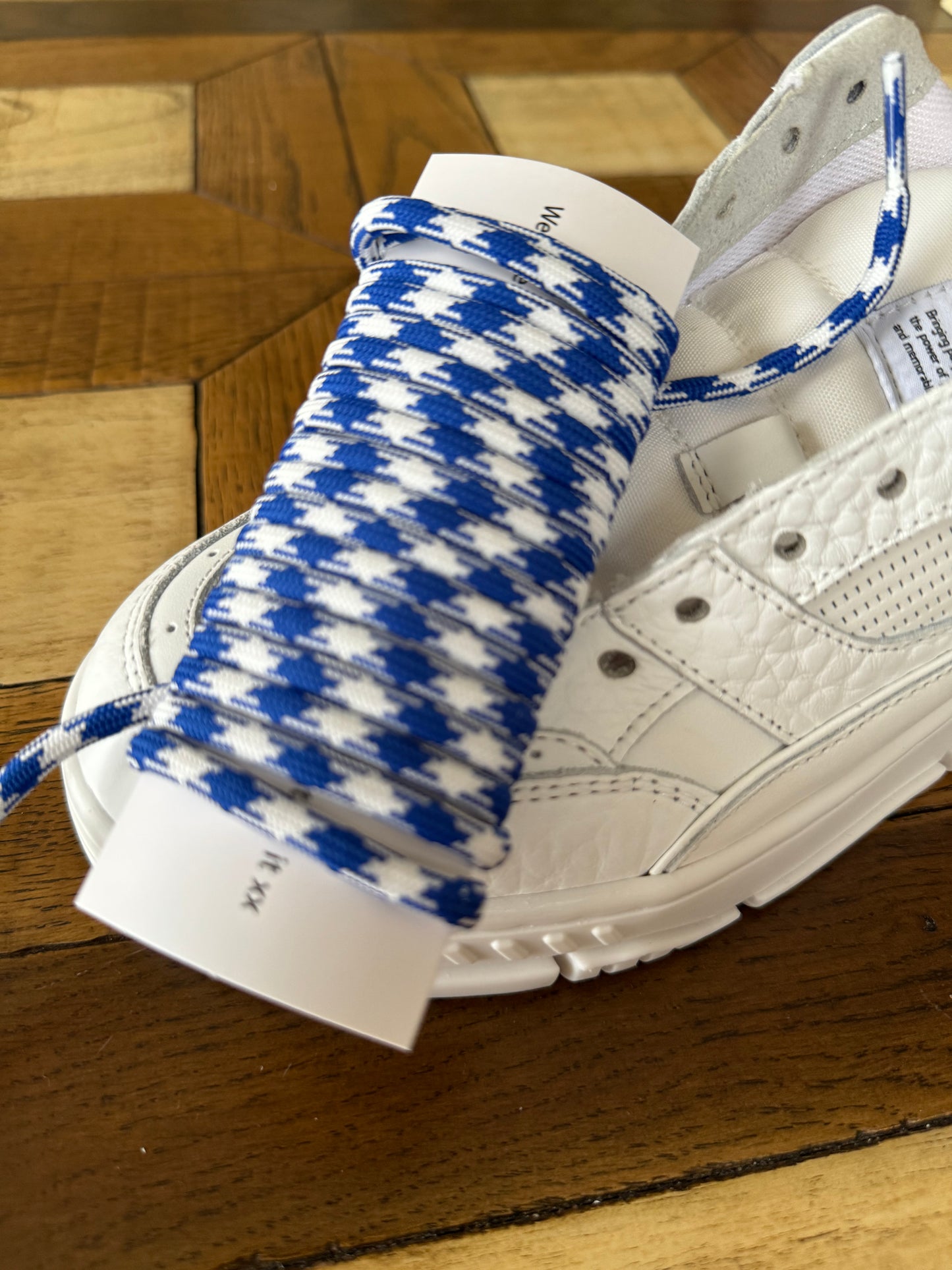 Dark blue and white houndstooth shoelaces